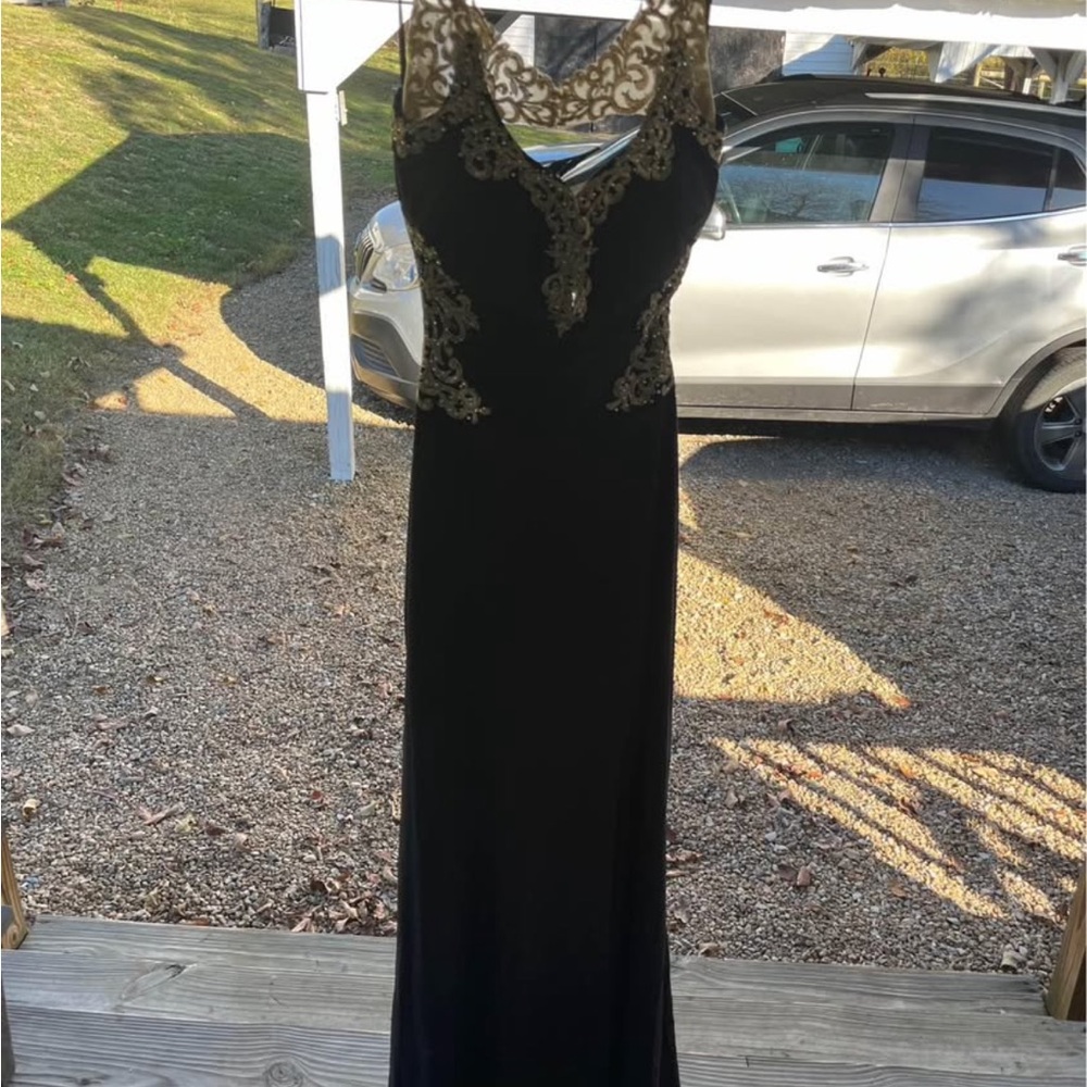 Cachet Black and Gold Lace Prom Dress